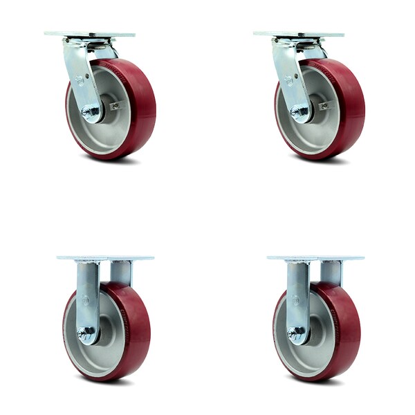 6 Inch Poly on Aluminum Caster Set with Roller Bearings 2 Swivel 2 Rigid SCC